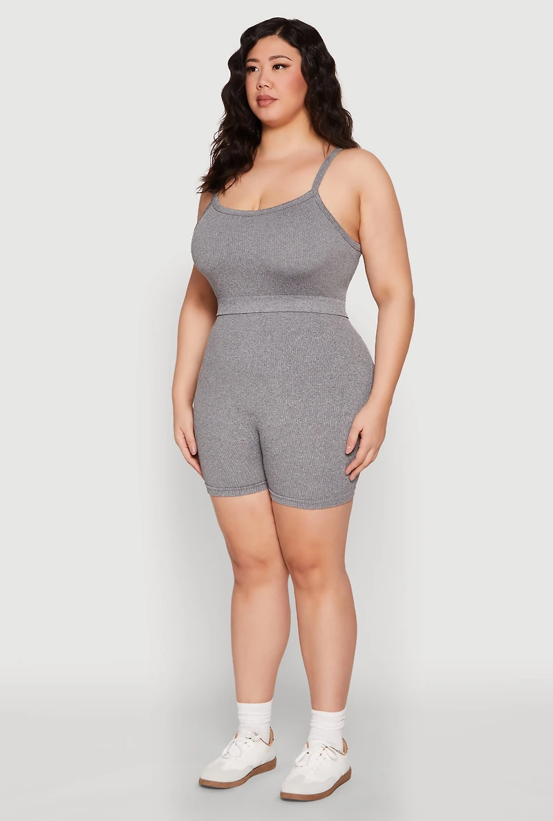 Womens Plus Size Seamless Rib Knit Cami and Biker Shorts, Grey, Size 1X-2X