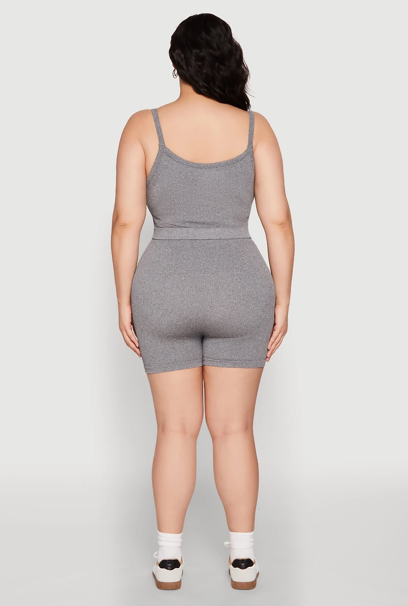 Womens Plus Size Seamless Rib Knit Cami and Biker Shorts, Grey, Size 1X-2X