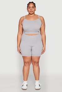 Womens Plus Seamless Rib Knit Cami and Biker Shorts, Grey,