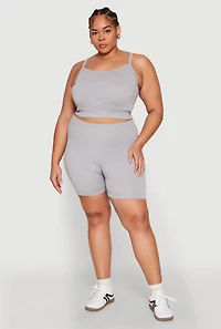 Womens Plus Seamless Rib Knit Cami and Biker Shorts, Grey,
