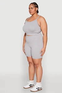 Womens Plus Seamless Rib Knit Cami and Biker Shorts, Grey,