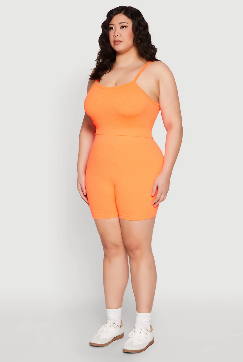 Womens Plus Size Seamless Rib Knit Cami and Biker Shorts, Orange, Size 2X-3X