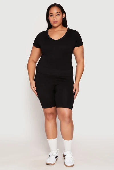 Womens Plus Size Seamless V Neck Top and Biker Shorts Set, Black, Size 2X-3X