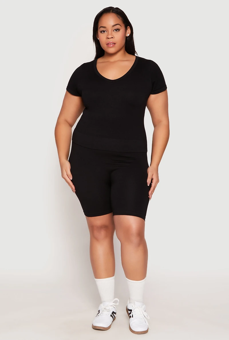 Womens Plus Seamless V Neck Top and Biker Shorts Set, 1X-2X
