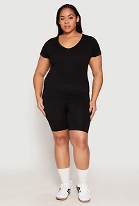 Womens Plus Seamless V Neck Top and Biker Shorts Set, 1X-2X