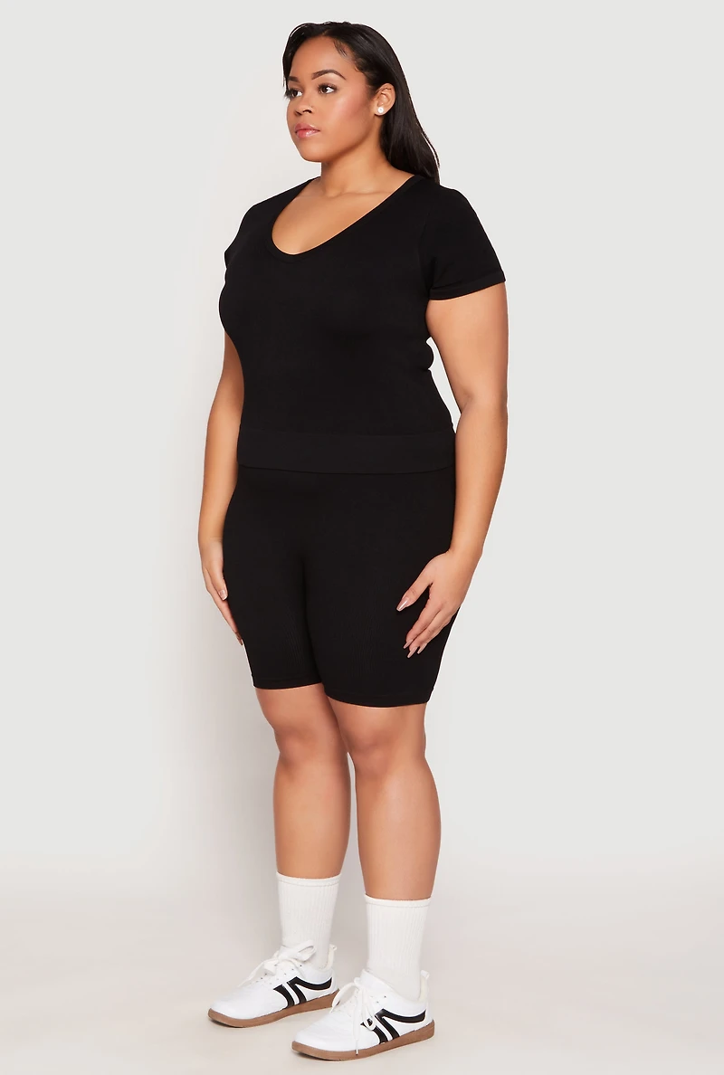 Womens Plus Seamless V Neck Top and Biker Shorts Set, 1X-2X