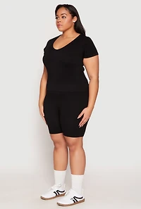 Womens Plus Seamless V Neck Top and Biker Shorts Set, 1X-2X