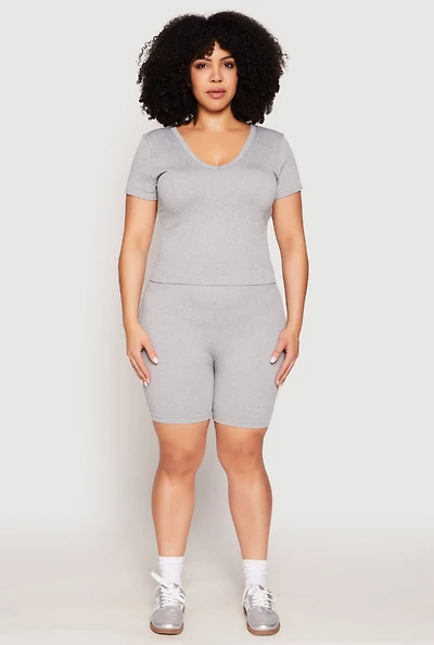 Womens Plus Size Seamless V Neck Top and Biker Shorts Set, Grey, Size 2X-3X