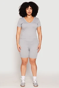 Womens Plus Size Seamless V Neck Top and Biker Shorts Set, Grey, Size 2X-3X
