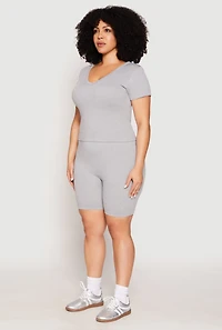 Womens Plus Size Seamless V Neck Top and Biker Shorts Set, Grey, Size 2X-3X