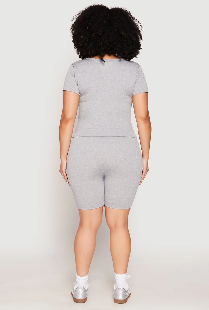 Womens Plus Size Seamless V Neck Top and Biker Shorts Set, Grey, Size 2X-3X