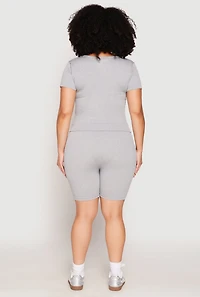 Womens Plus Size Seamless V Neck Top and Biker Shorts Set, Grey, Size 2X-3X