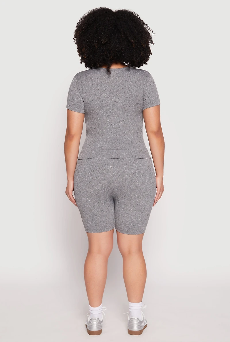 Womens Plus Seamless V Neck Top and Biker Shorts Set, Grey,