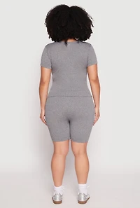 Womens Plus Seamless V Neck Top and Biker Shorts Set, Grey,