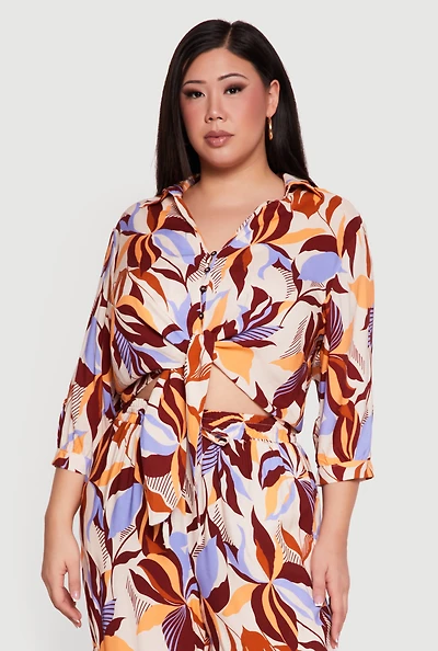 Plus Abstract Floral Cropped Tie Front Shirt