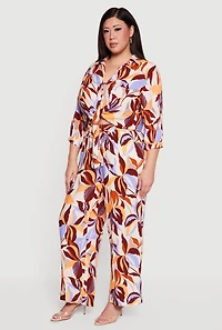 Plus Abstract Floral Cropped Tie Front Shirt