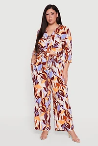 Plus Abstract Floral Drawstring Waist Wide Leg Pants