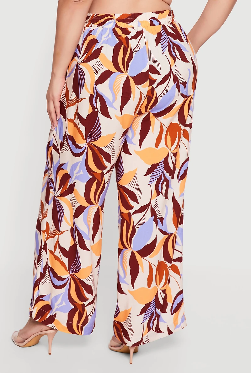 Plus Abstract Floral Drawstring Waist Wide Leg Pants
