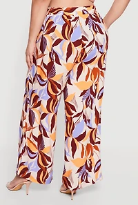 Plus Abstract Floral Drawstring Waist Wide Leg Pants