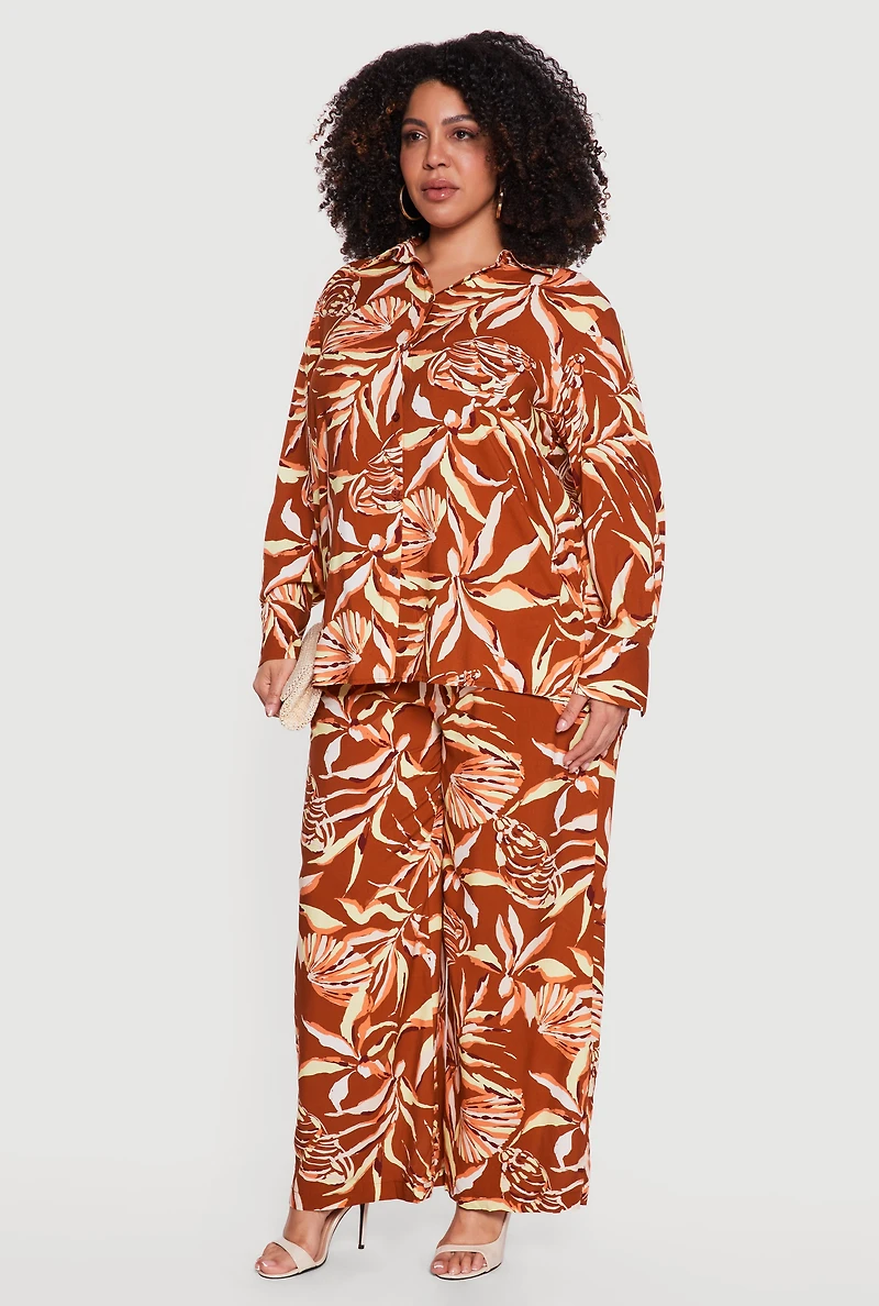 Plus Abstract Tropical Floral Drawstring Waist Pants