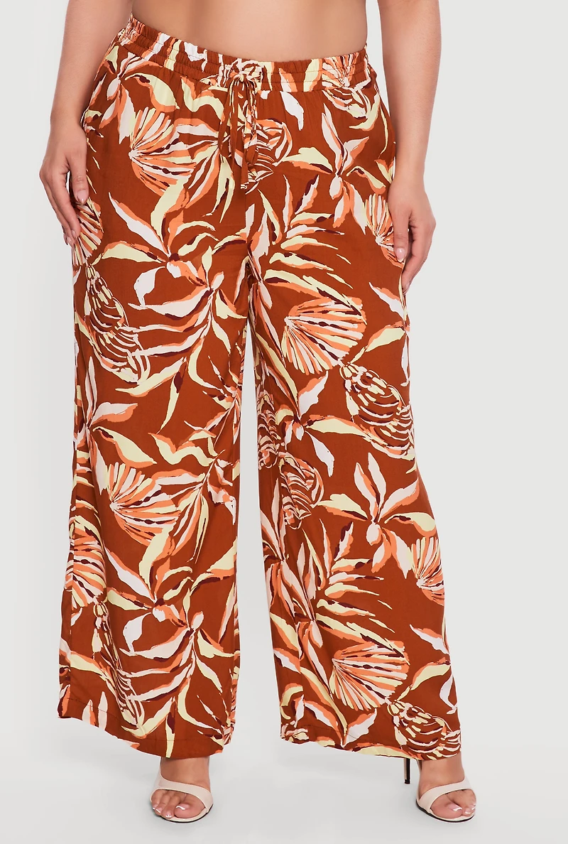 Plus Abstract Tropical Floral Drawstring Waist Pants