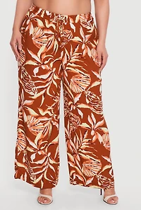 Plus Abstract Tropical Floral Drawstring Waist Pants