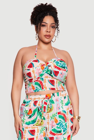 Plus Assorted Fruit Print Halter Crop Top
