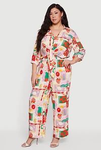 Plus Patterned Cropped Tie Front Shirt