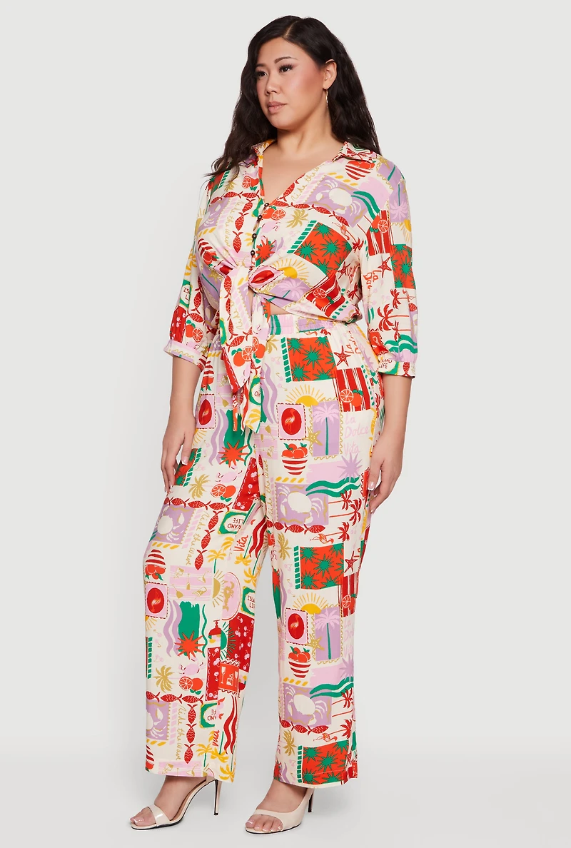 Plus Patterned Cropped Tie Front Shirt