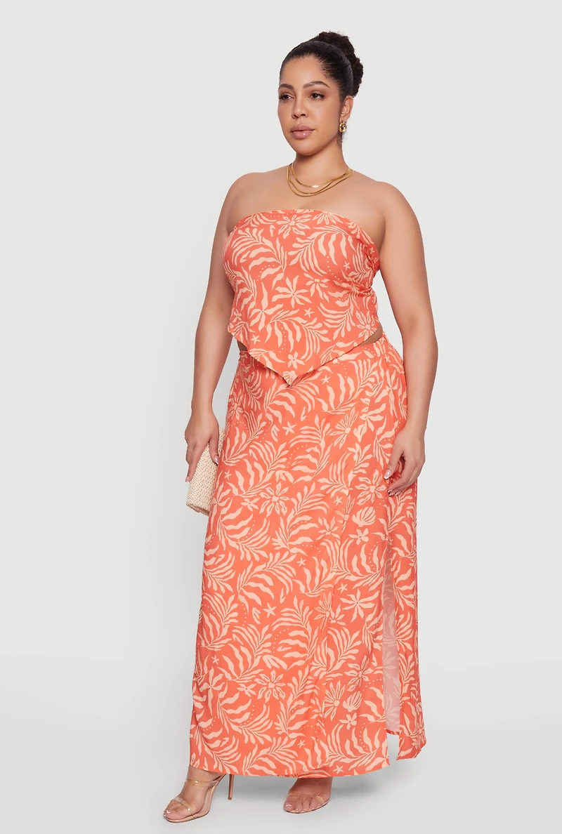 Plus Palm Leaf Tropical Print Hanky Hem Tube Top