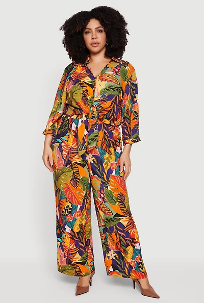 Plus Tropical Floral Cropped Tie Front Shirt