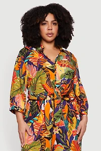 Plus Tropical Floral Cropped Tie Front Shirt