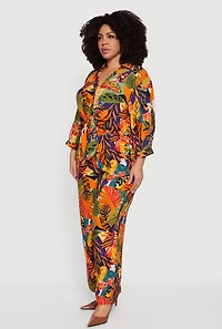 Plus Tropical Floral Cropped Tie Front Shirt