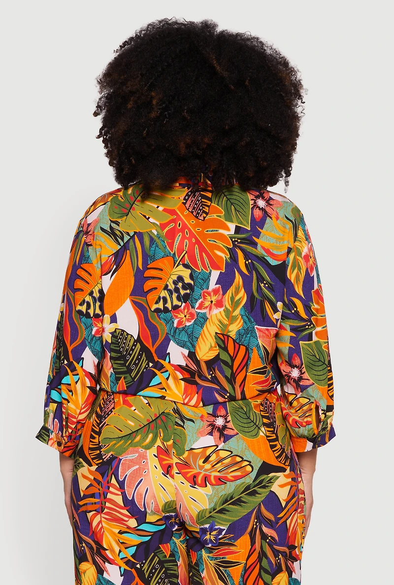 Plus Tropical Floral Cropped Tie Front Shirt