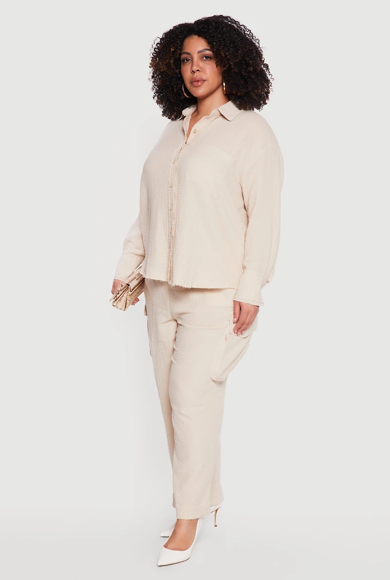 Plus Gauze Knit Button Front Shirt