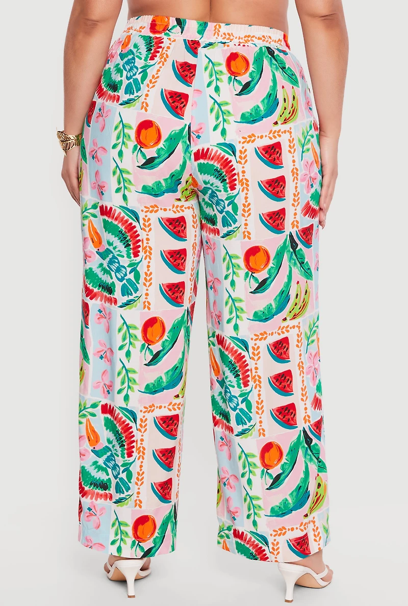 Plus Drawstring High Waisted Wide Leg Patterned Casual Pants