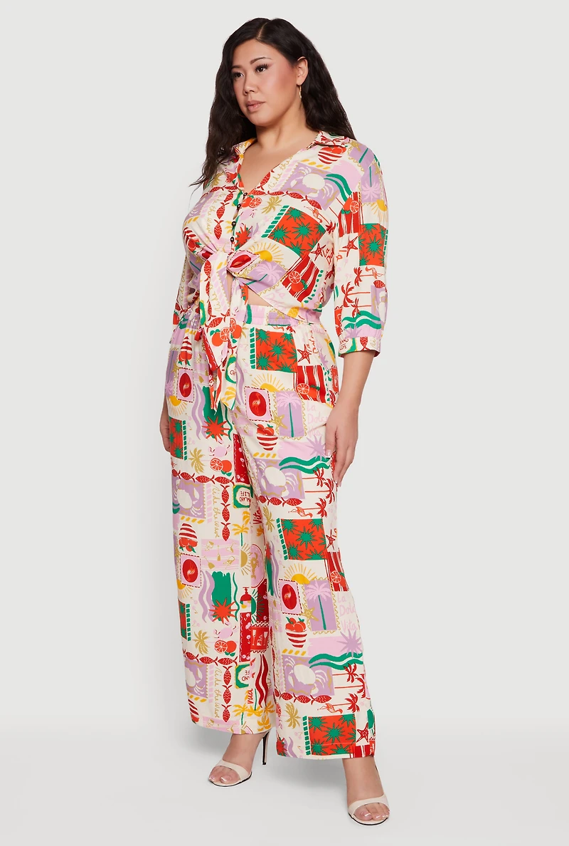 Plus Patterned Drawstring Waist Wide Leg Pants