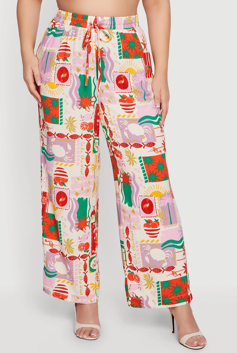 Plus Patterned Drawstring Waist Wide Leg Pants