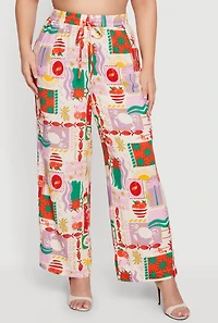 Plus Patterned Drawstring Waist Wide Leg Pants