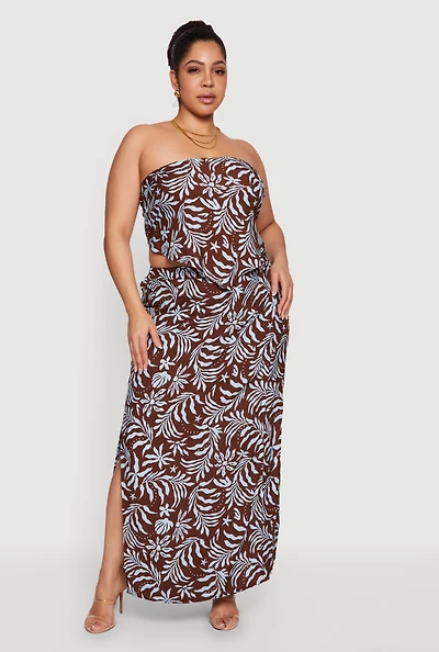 Plus Palm Leaf Tropical Print Maxi Skirt