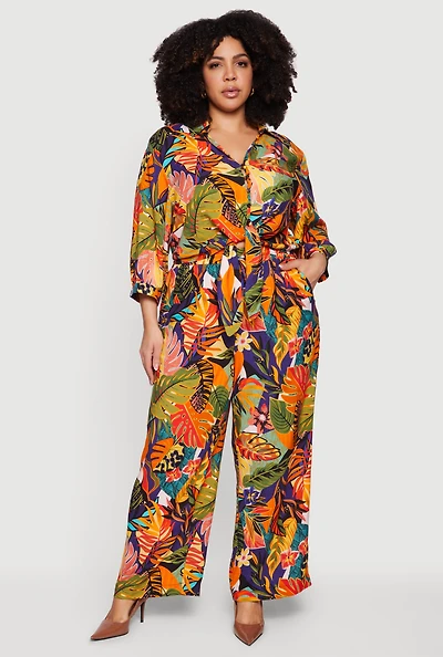 Plus Tropical Floral Drawstring Waist Wide Leg Pants