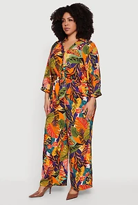 Plus Tropical Floral Drawstring Waist Wide Leg Pants
