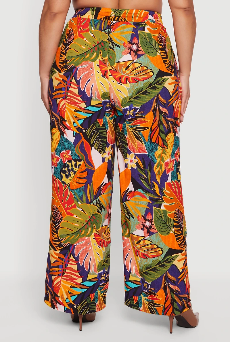 Plus Tropical Floral Drawstring Waist Wide Leg Pants