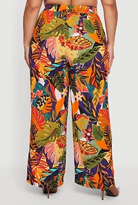 Plus Tropical Floral Drawstring Waist Wide Leg Pants