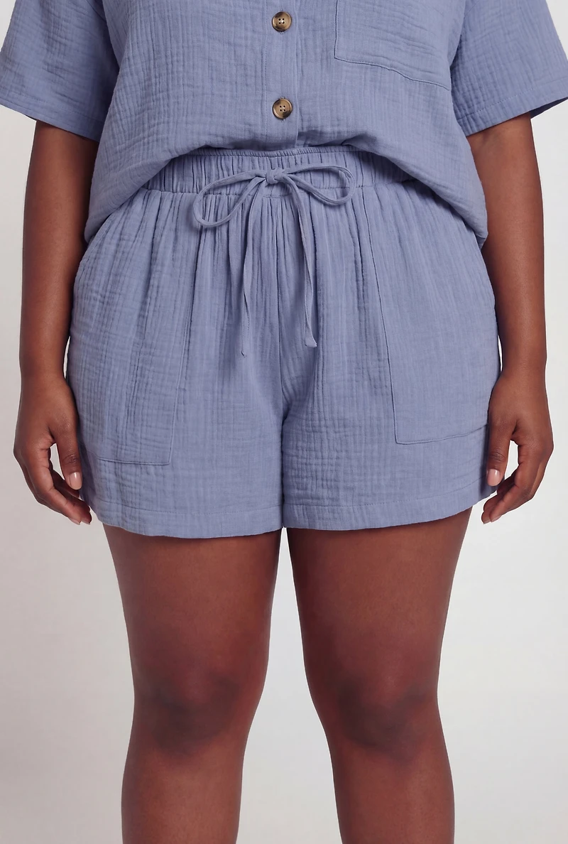 Plus Paper Bag High Waisted Gauze Knit Shorts