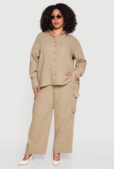 Plus Gauze Knit Wide Leg Cargo Pants