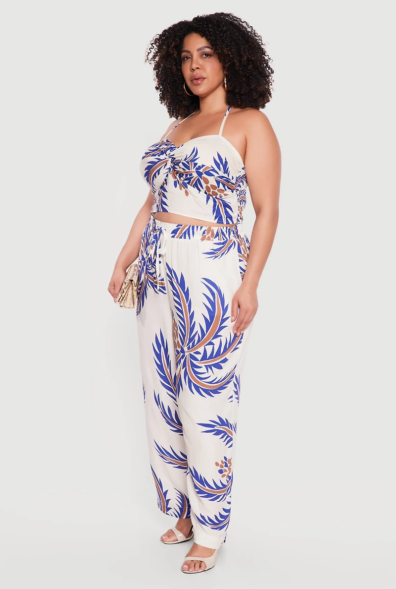 Plus Coconut Tree Print Drawstring Waist Wide Leg Pants