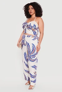 Plus Coconut Tree Print Drawstring Waist Wide Leg Pants