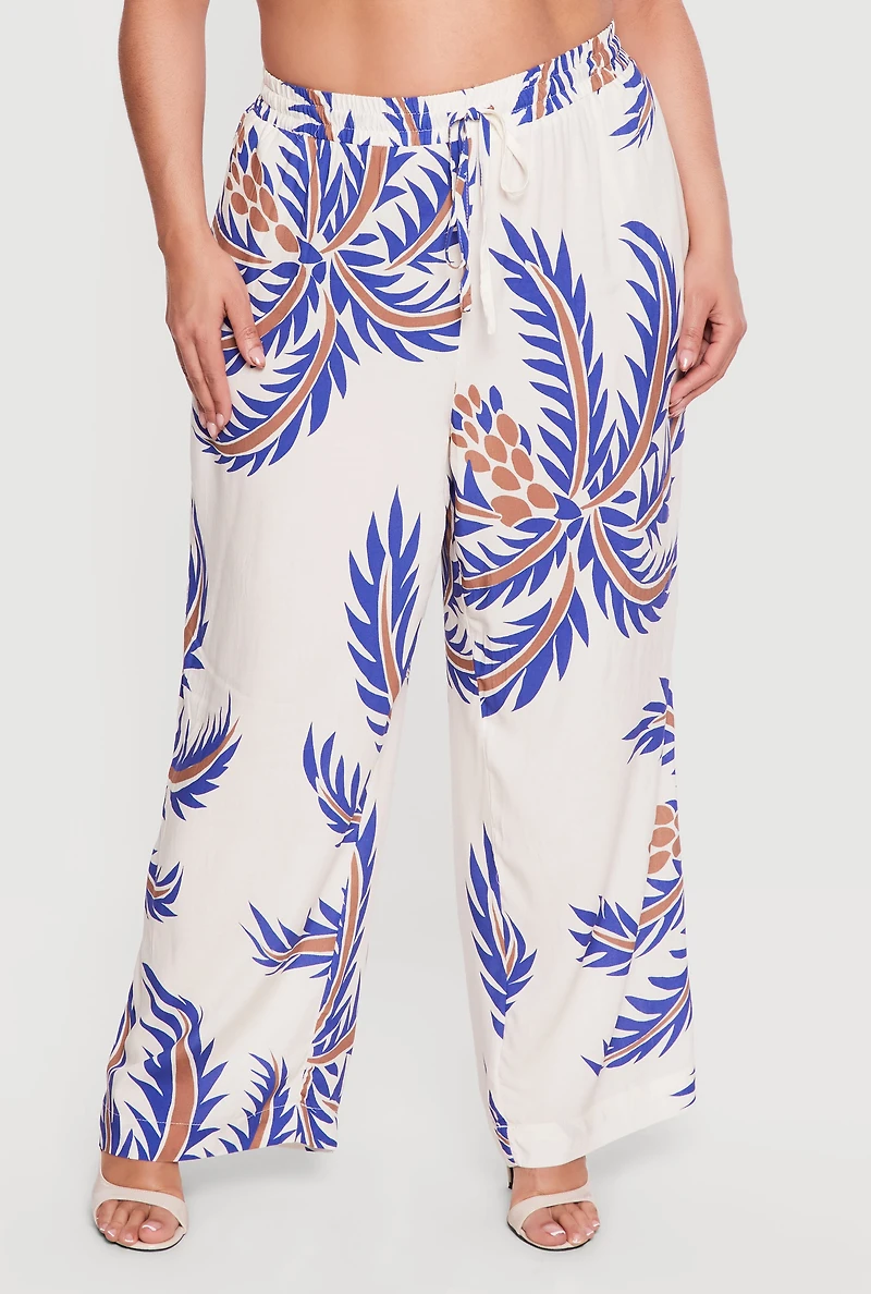 Plus Coconut Tree Print Drawstring Waist Wide Leg Pants
