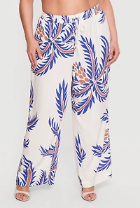 Plus Coconut Tree Print Drawstring Waist Wide Leg Pants